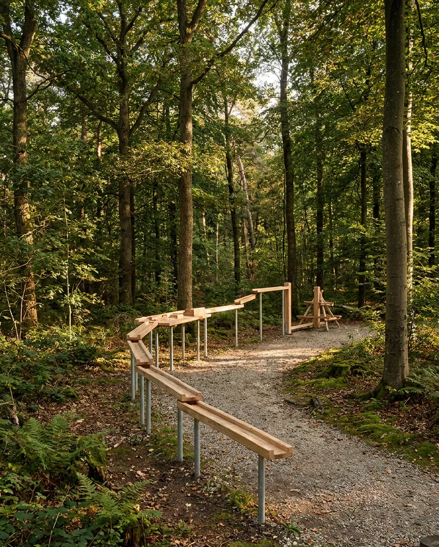 Lange houten knikkerbaan op metalen palen door het bos, met een poort en een houten bok aan het eind
